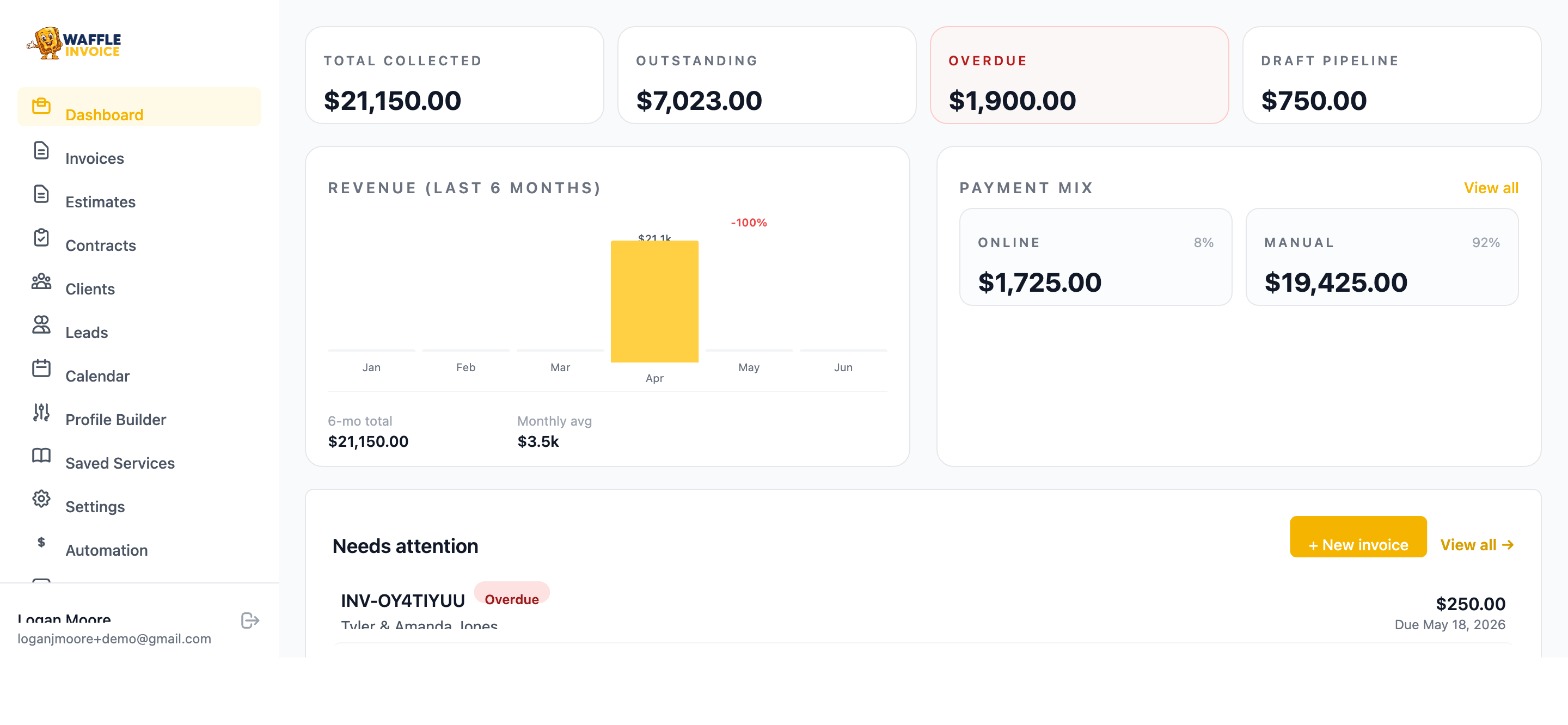 VenueBill dashboard showing an interior designer's invoice with design fees and procurement line items
