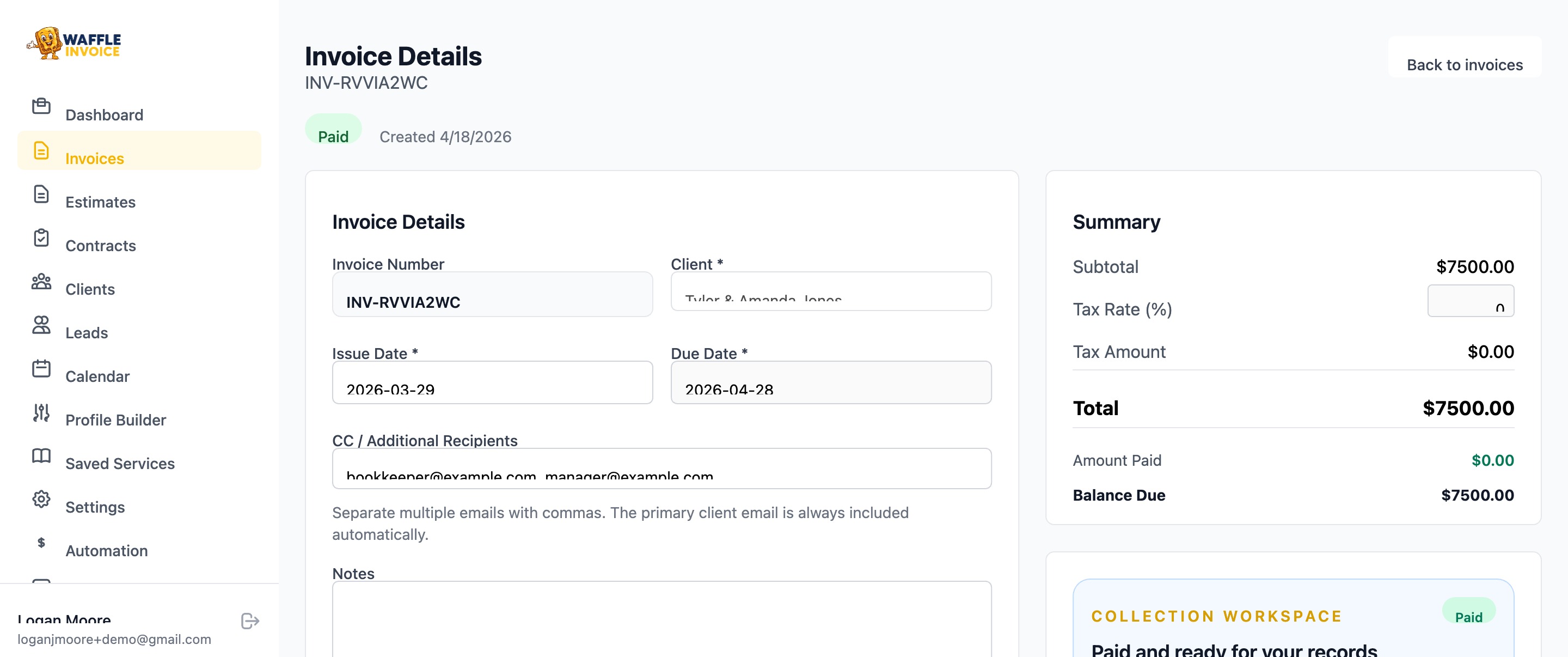 VenueBill editor showing a clean, branded invoice for a web development project