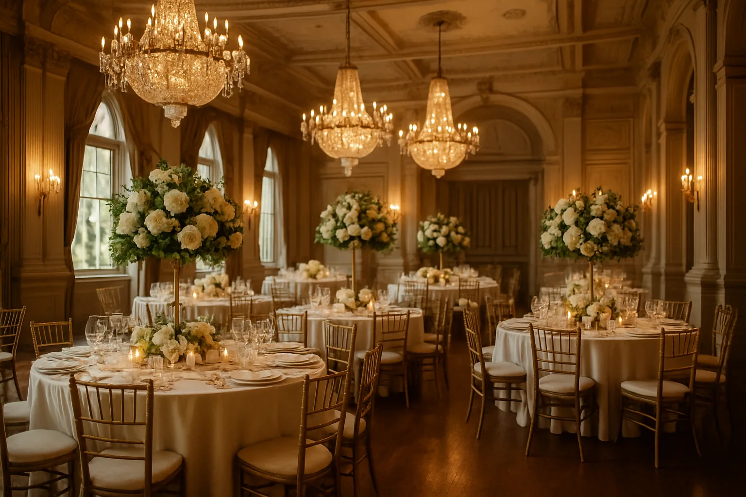 Ballroom reception set for a wedding