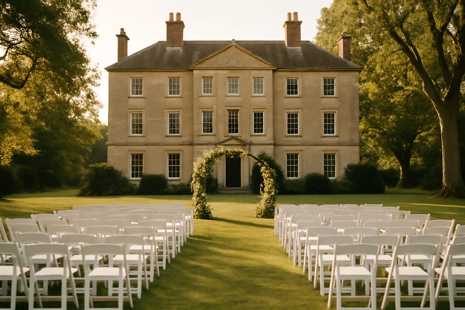 An estate lawn set for a wedding ceremony