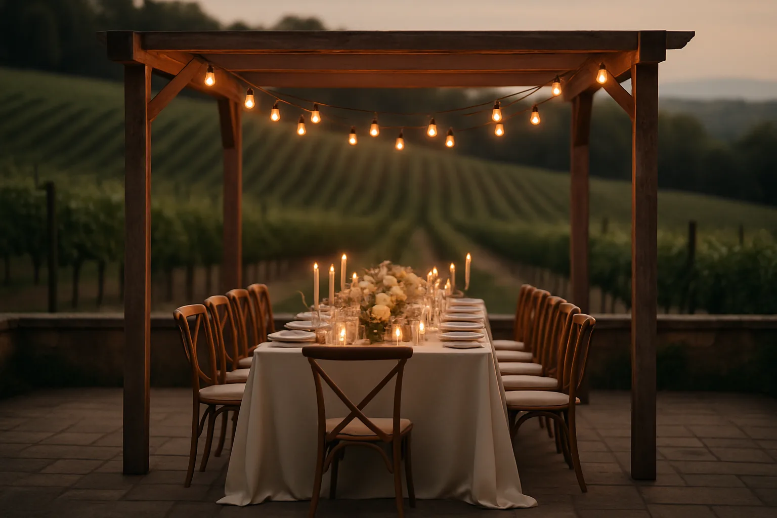 Vineyard terrace dinner at dusk