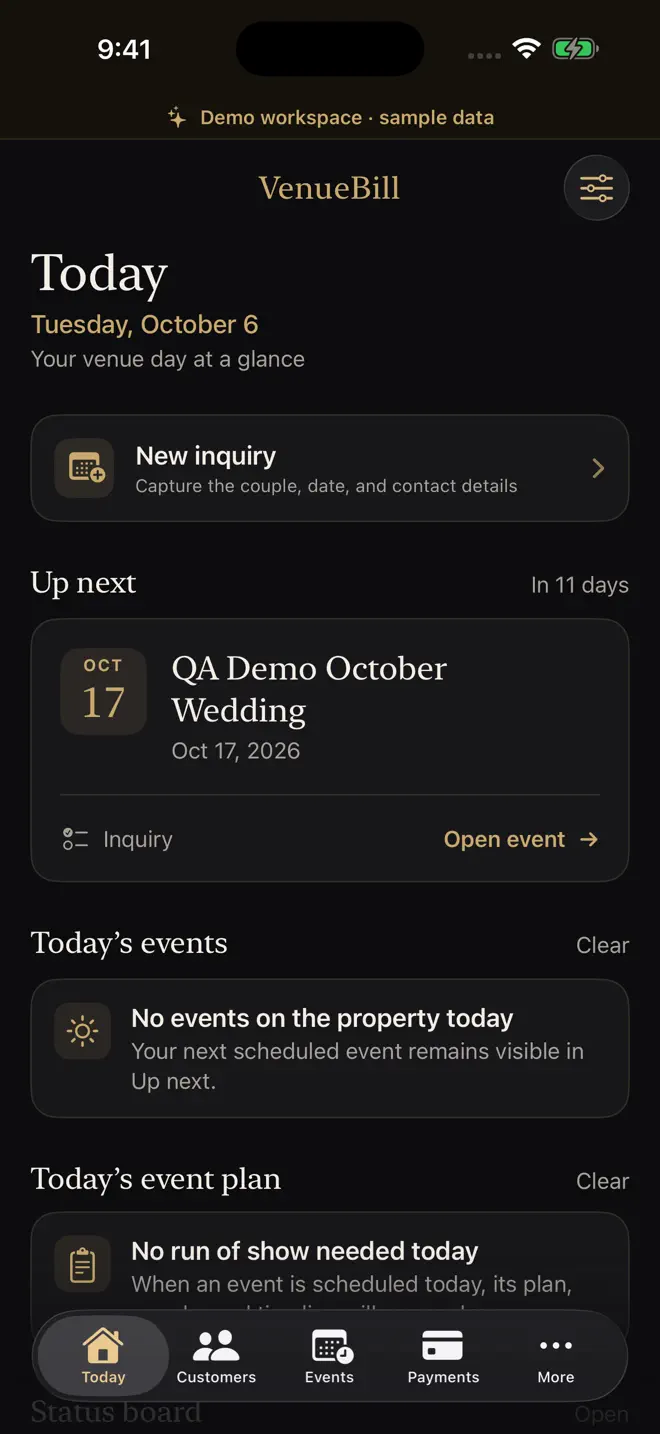 VenueBill Today on iPhone, showing clearly labeled sample venue data